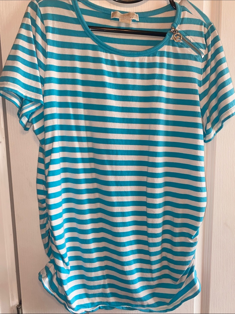 Michael Kors Turquoise and White Striped Short Sleeve Top